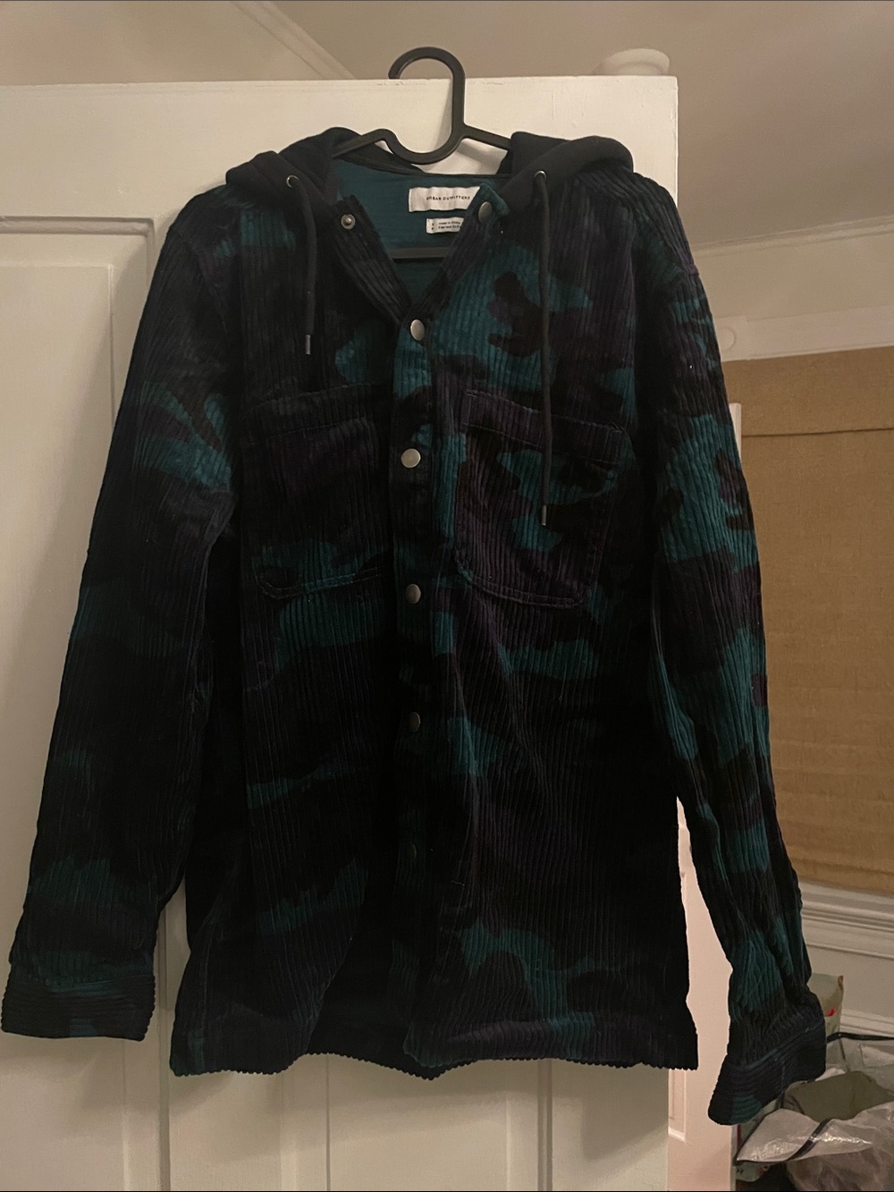 Urban Outfitters Black and Teal Corduroy Hooded Button-Up